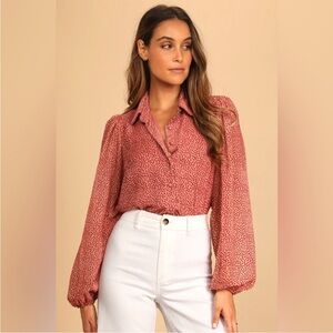 Lulus Positive Influences Blush Pink Dotted Collared Button Up Blouse Small